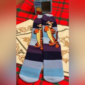 Vintage Disney Tigger Slipper Socks - Blue and Purple Stripes, Non Skid Bottoms